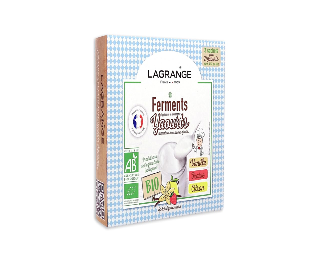 LAGRANGE Ferments yaourt aromatisés BIO, Fabrication française, 3 sachets aromatisées (1 Vanille / 1 Fraise /​1 Citron) de 12g chacun, 1 sachet de ferment pour 1.5L de lait, 385002