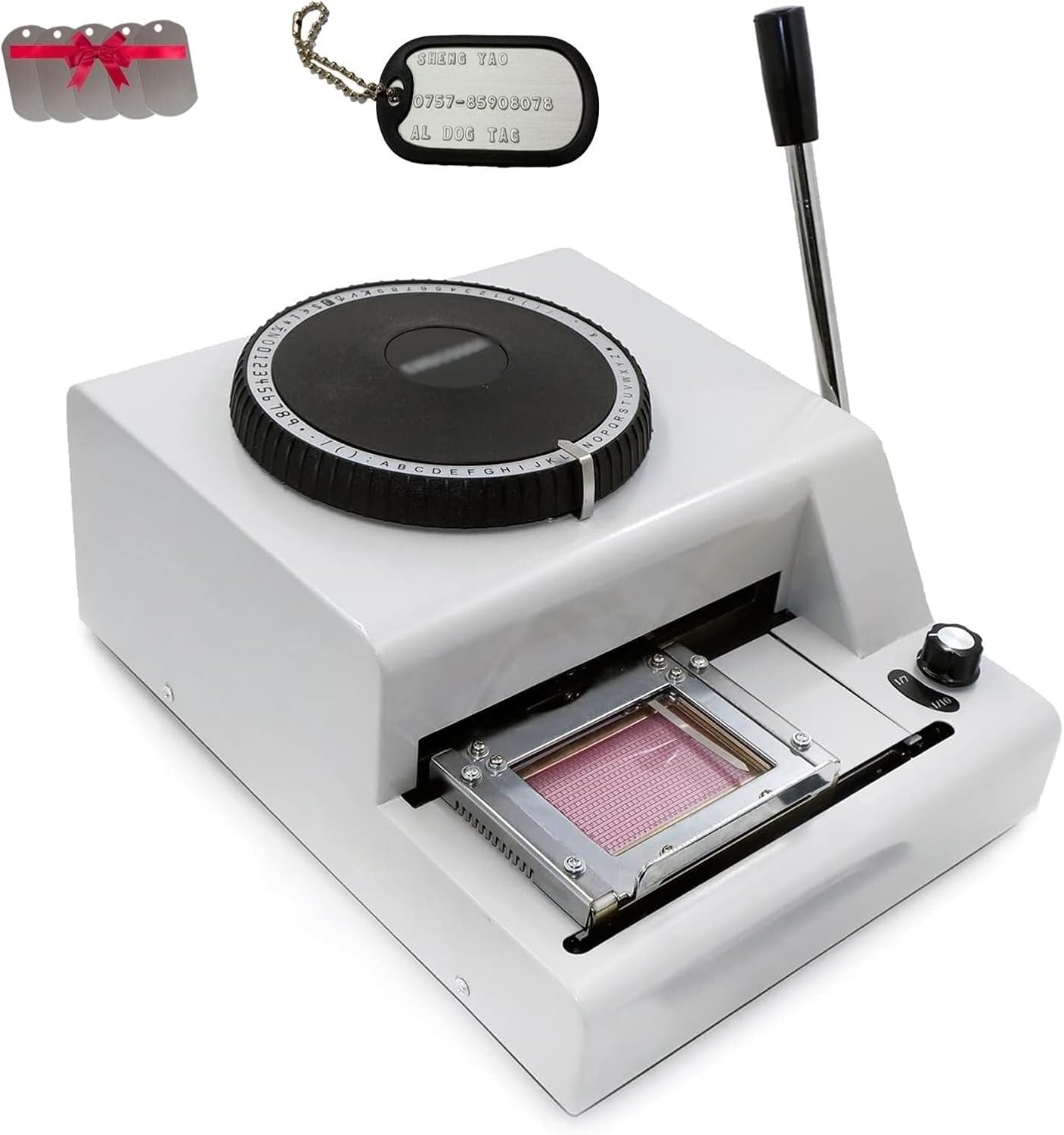 Manual Stamping Machine, Dog tag Coding with 5 Aluminum Tags, 72 Characters, 2 Gear Kerning, Metal Code Printing