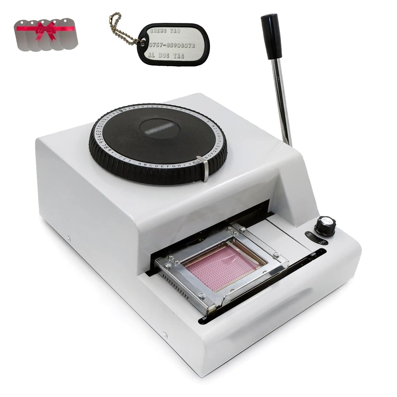HTDRE Manual Stamping Machine, Dog tag Coding with 5 Aluminum Tags, 72 Characters, 2 Gear Kerning, Metal Code Printing