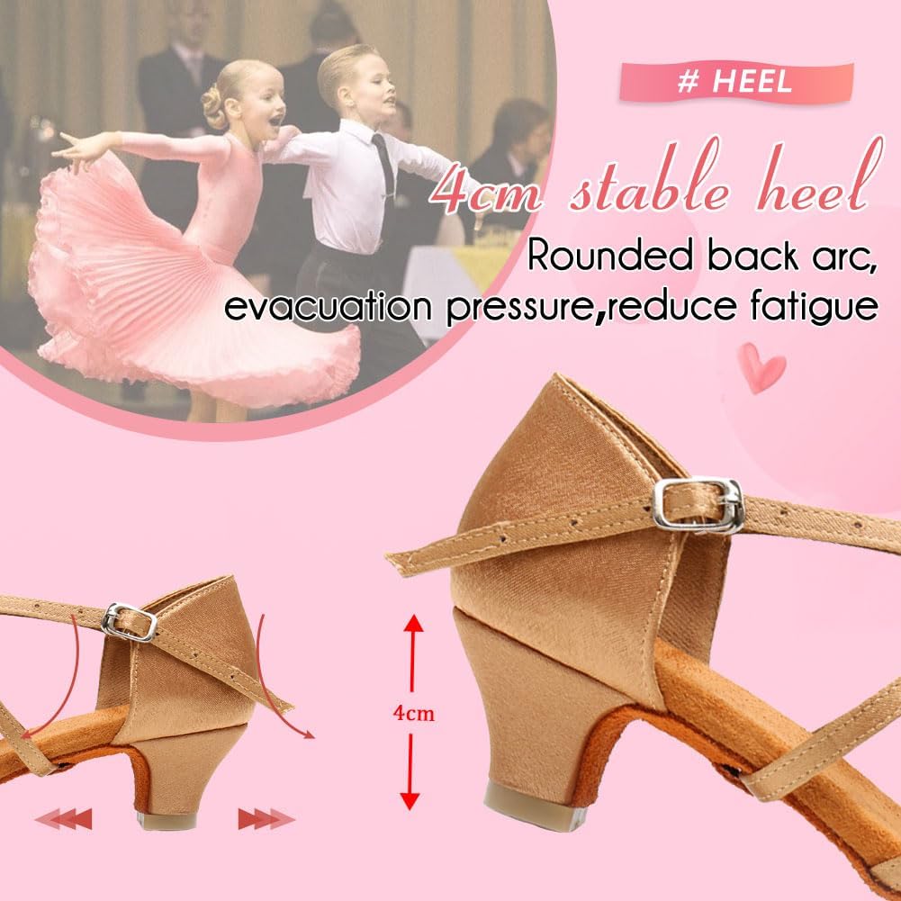 YKXLM Girls Latin Dance Shoes Kids Low Heels Tango Salsa Ballroom Practice Dance Shoes, 1208,Beige, 6 M Little Kid