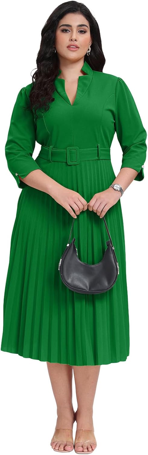 Ekaliy Women's V Neck Business Casual Shirt Dress for Women 3/4 Sleeves Pleated Midi Dresses with Belt - Image 6