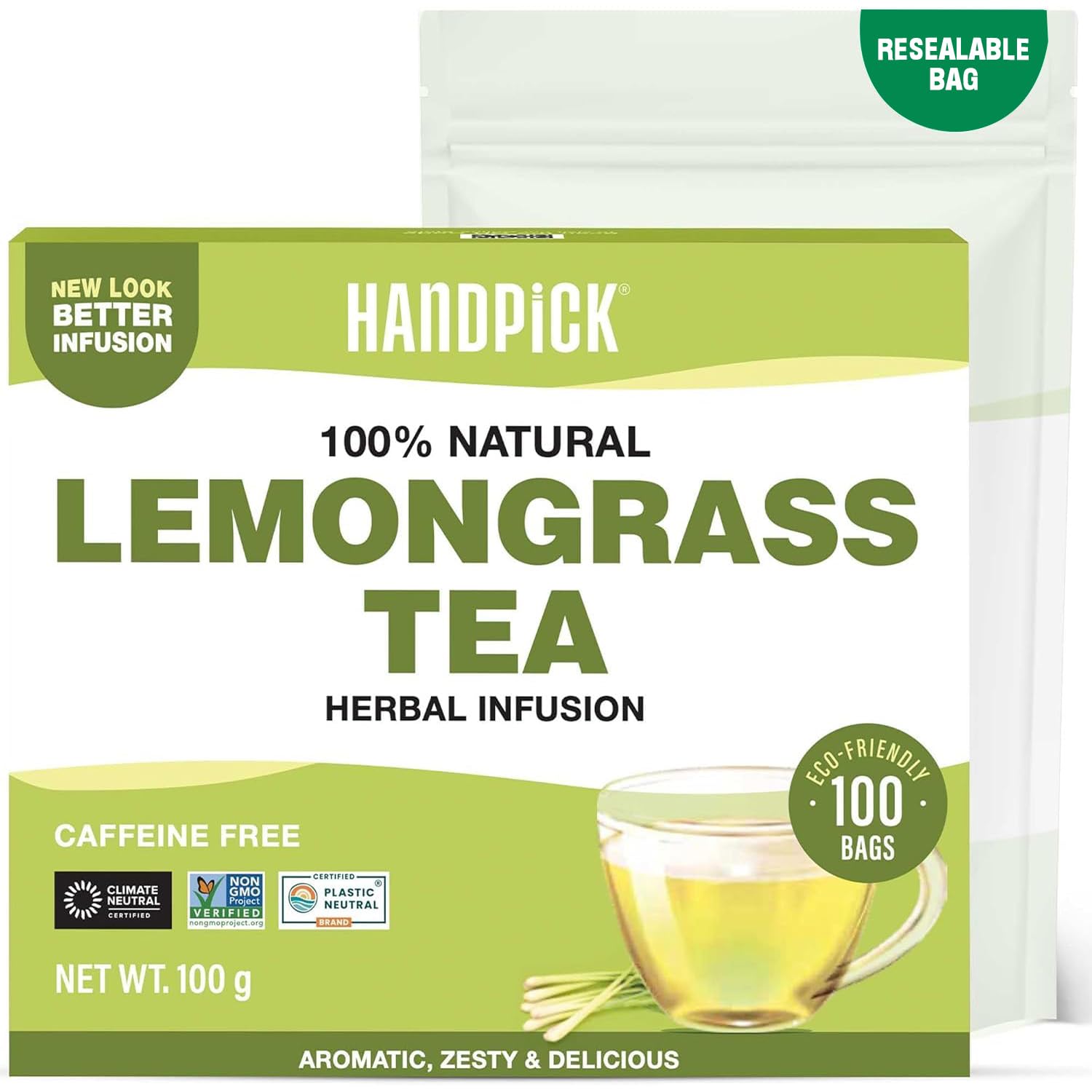 HANDPICK, Lemongrass Tea Bags (100 Count) Non-GMO, Caffeine Free - Quality Lemongrass Herbal Tea- Eco-conscious Round Tea Bags | Brew Hot or Iced Tea