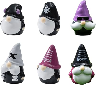 6 PCS Miniature Gnome Figurines Gothic Rock Collection Mini Gnome Figurines Rocker Sunglasses Gothic-Style Dwarf Figurine for Coffee Bar Landscape Office Desk Plant Pots Fairy Garden
