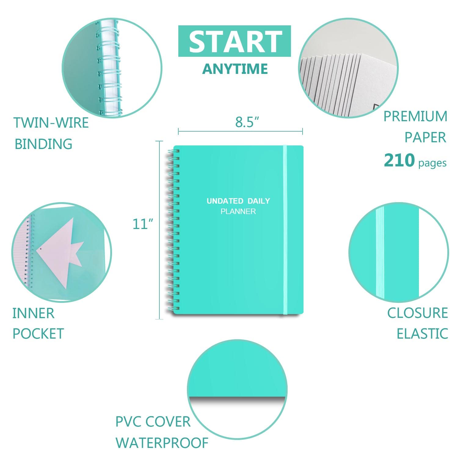 Undated Daily Planner - A4 Hourly Schedule Notebook With Goals & Notes | Blue PU Cover | 2023-2024 Calendar