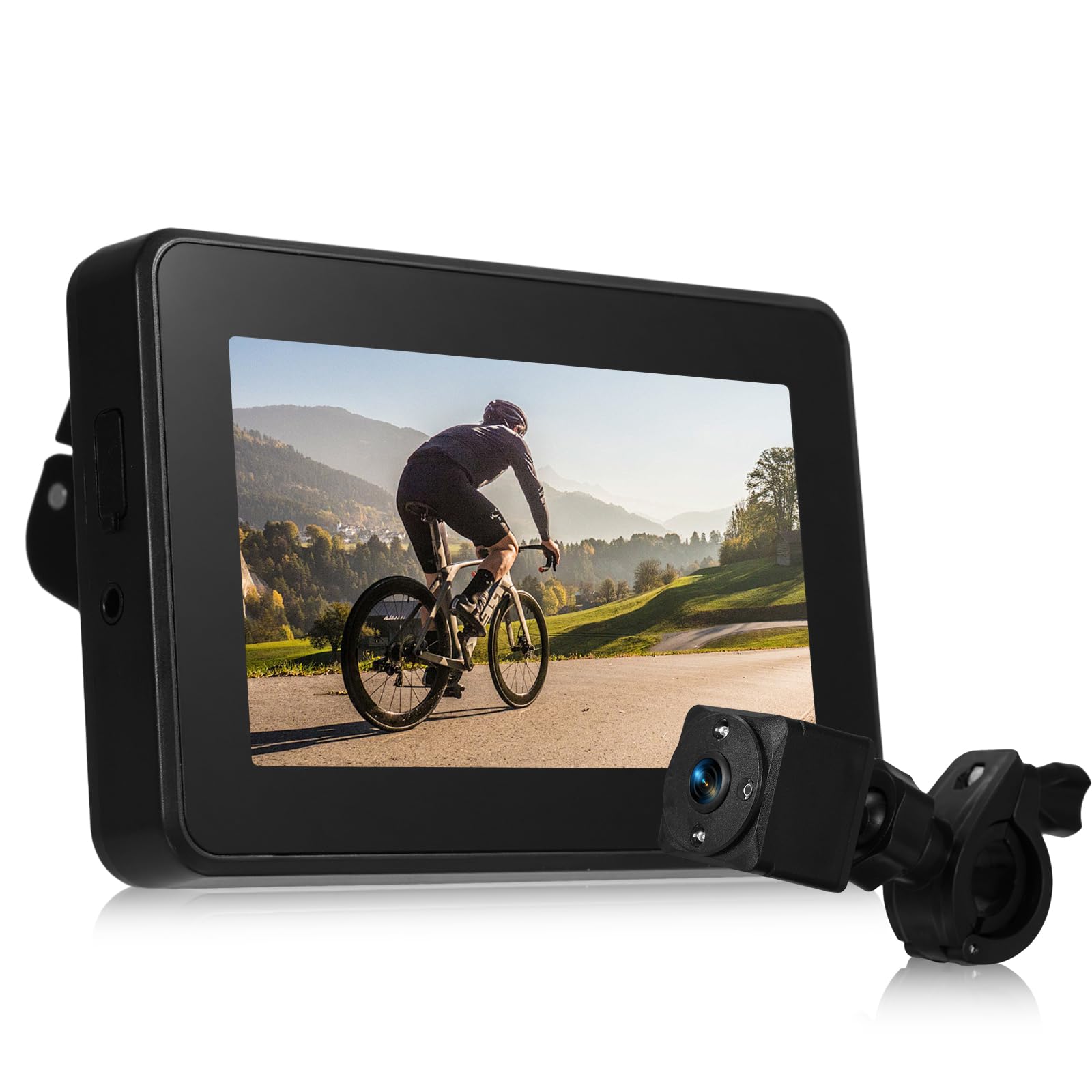 Rétroviseur de vélo sur Guidon, 150° Grand Angle Caméra de recul de vélo Rechargeable 1080P avec Moniteur de 4,3 Pouces, Vision Nocturne Couleur, Support réglable, Compatible avec Divers vélo