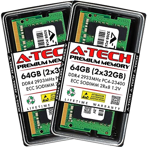Image of A-Tech 64GB Kit (2x32GB) DDR4 2933MHz PC4-23400 ECC SODIMM 2Rx8 Dual Rank 1.2V 260-Pin RAM Memory Upgrade Modules for Microserver, Workstation, and Networking Platforms