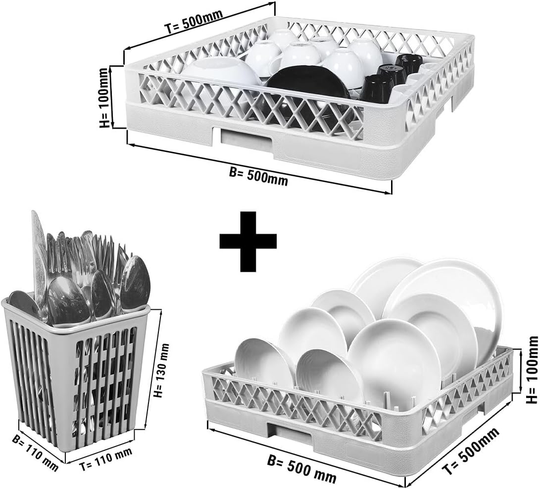 Diagram showing dimensions of dishwasher baskets for plates, bowls, and cutlery