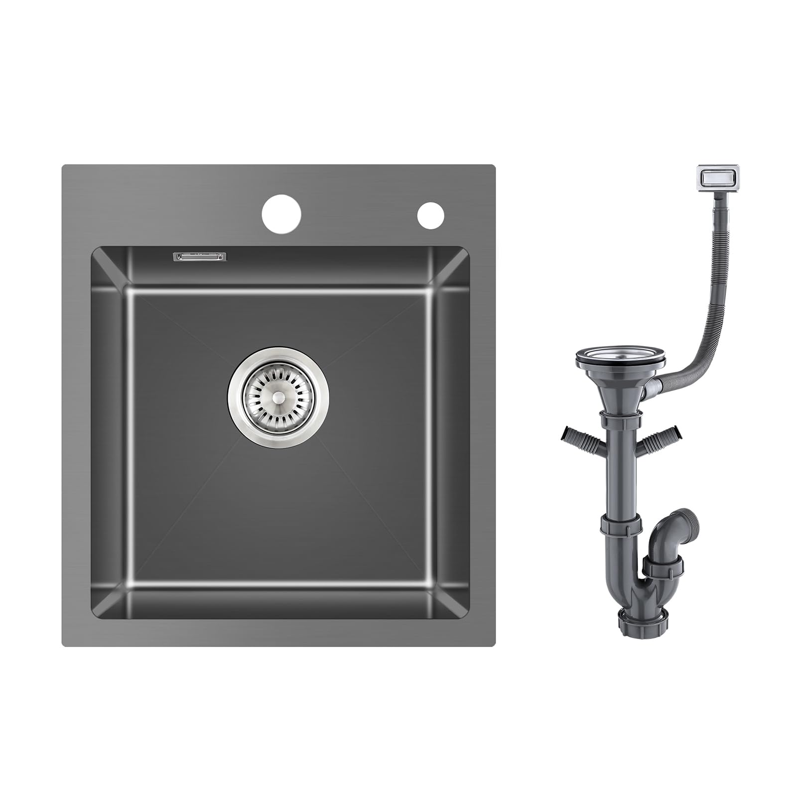 KINKIBOS Kitchen Sink 304 Stainless Steel, 45 x 50 cm, Black Grey, Built-in 1 Bowl Rectangular Sink with Tap Hole and Overflow (without Siphon)