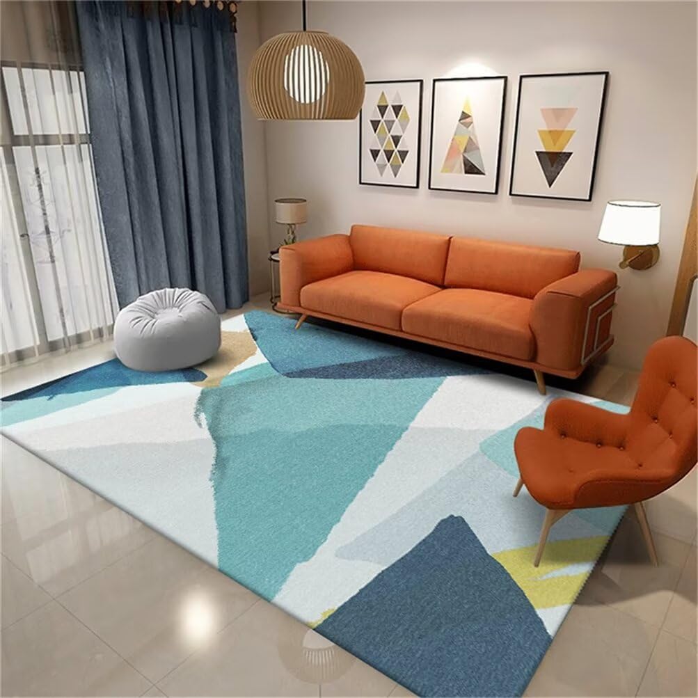 Tapis XXL salon bleu abstrait en vinyle lavable pour enfants