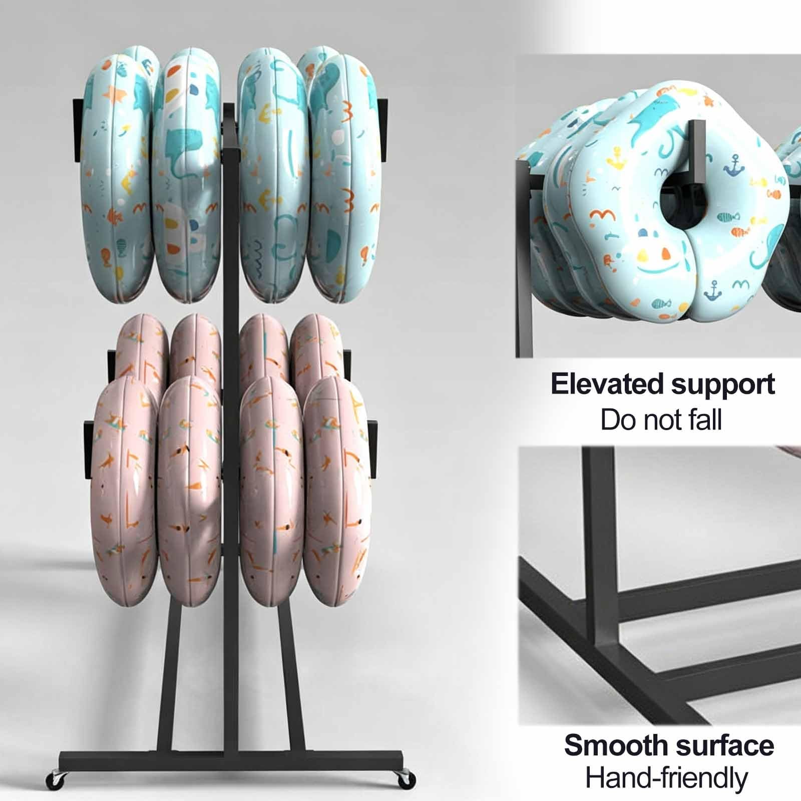 Supporto a 2 livelli per galleggianti da piscina, organizer esterno per bordo piscina, organizer con ruote e barra trasversale, adatto per attrezzature e accessori nuoto
