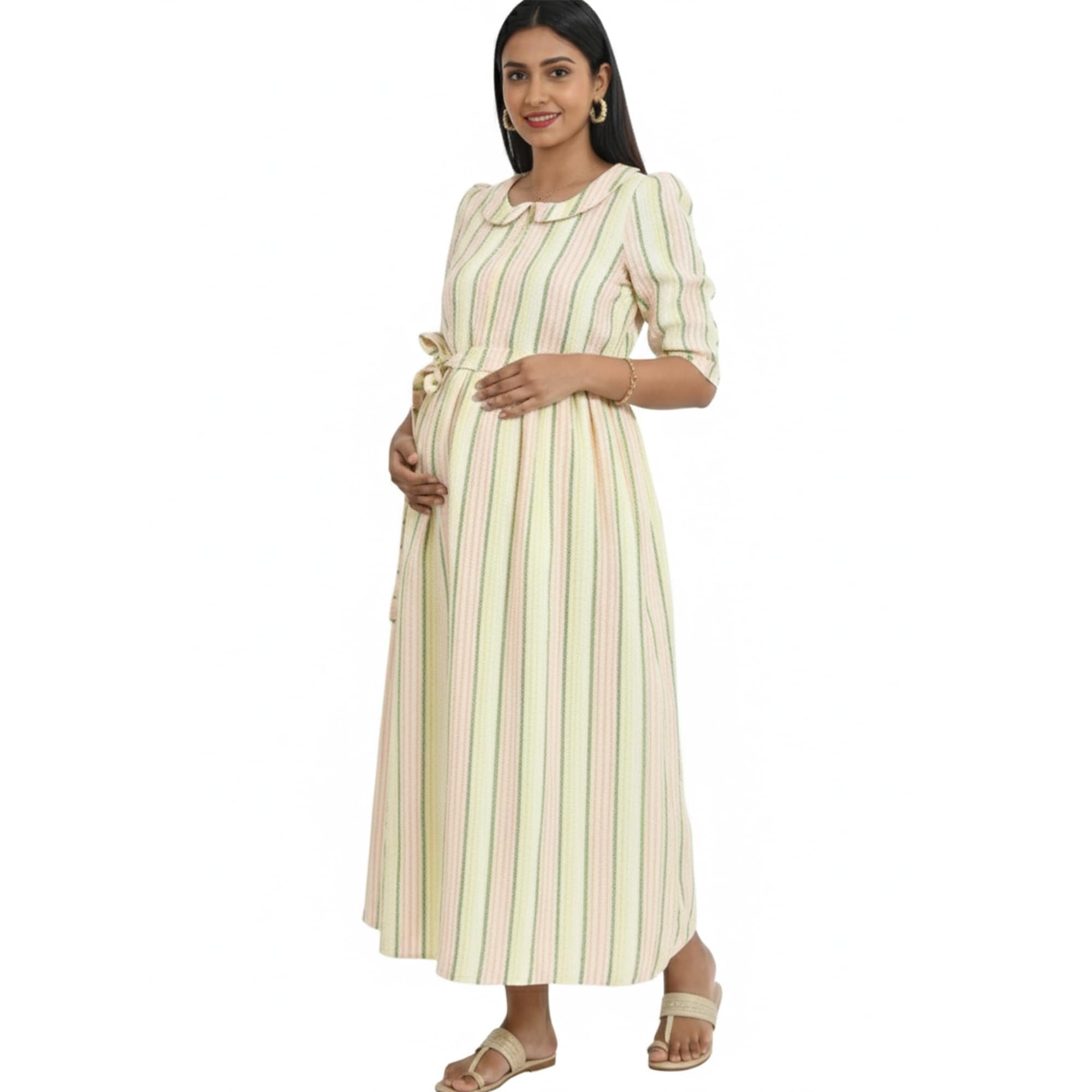 Yath Attire Popcorn Fabric Maternity & Feeding Dress for Women | Invisible Centre Zip, Peter Pan Collar, Puff Sleeves, Side Pocket | Comfortable Pregnancy Wear-picture-10