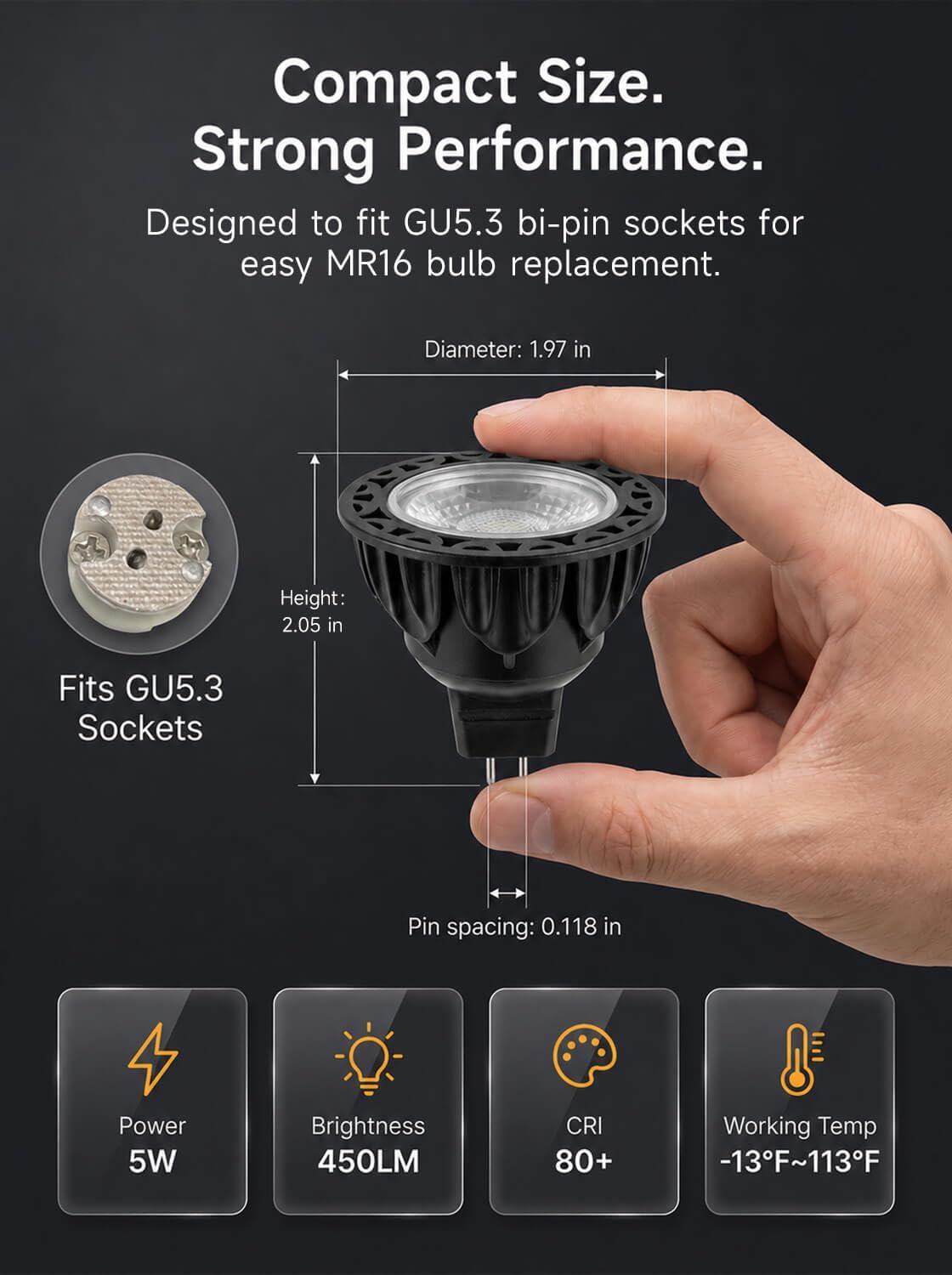 Gardenreet MR16 LED Light Bulb, 5W 2700K Warm White Dimmable Halogen Replacement for Indoor Accent & Outdoor Landscape Lighting, GU5.3 Bi-Pin 12V Low Voltage, Aluminum Housing, 450LM 45° Beam, 6 Pack