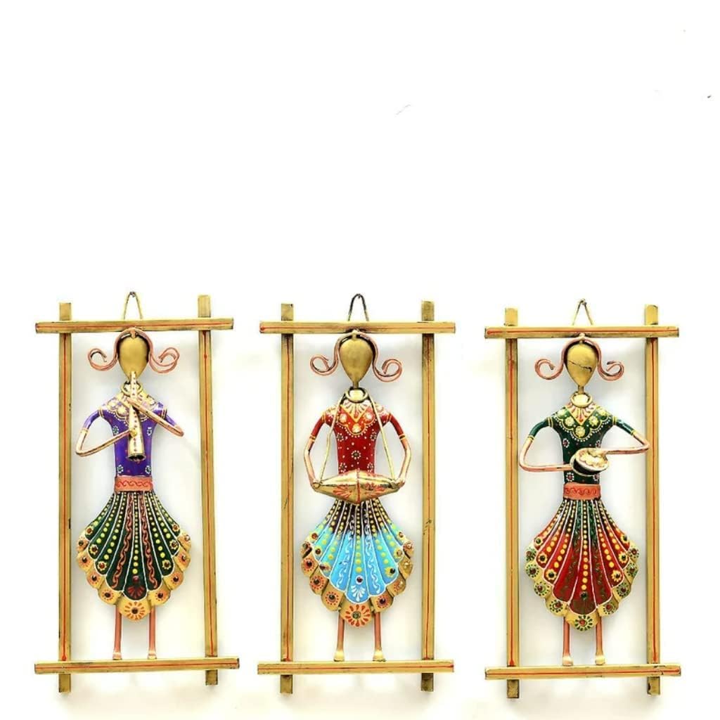 RSN Metal Wall Art for Home Office Living Room Decor Handmade Rajasthani Musician Showpiece for Wall Decoration - Set of 3 Frames - Size-12 x 6.5 Inches Each-A2 3