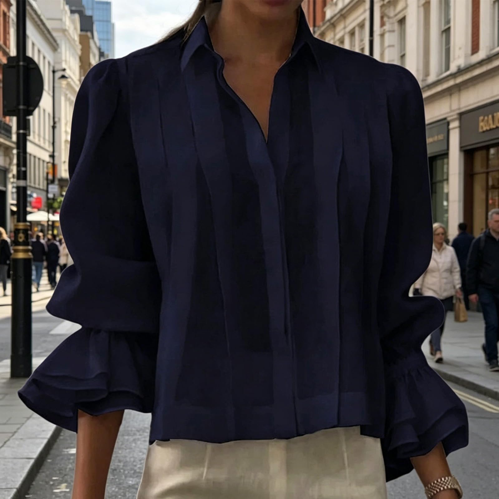 Camicia da donna con bottoni e risvolto, camicetta trasparente con pannello plissettato, sensazione in morbido misto cotone e camicia da lavoro