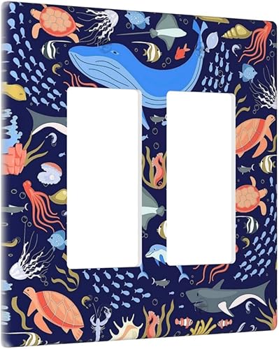 Miniatura 2 de Cubierta de interruptor de luz de 2 cuadrillas, diseño de mundo subacuático de dibujos animados, ballena, tiburón, tortuga, animales marinos, placa