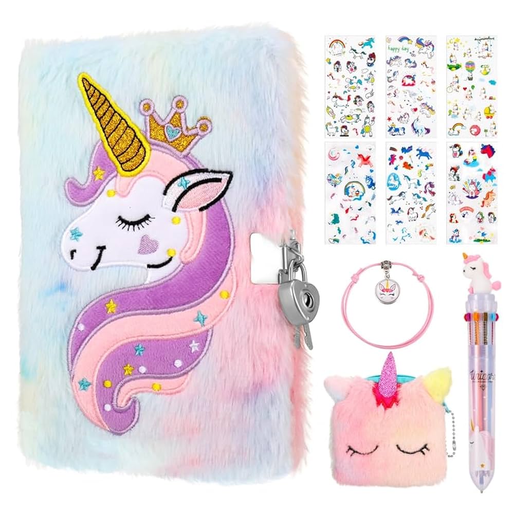 Uooker Unicorn Secret Diary With Lock For Girls, Plush Unicorn Journal