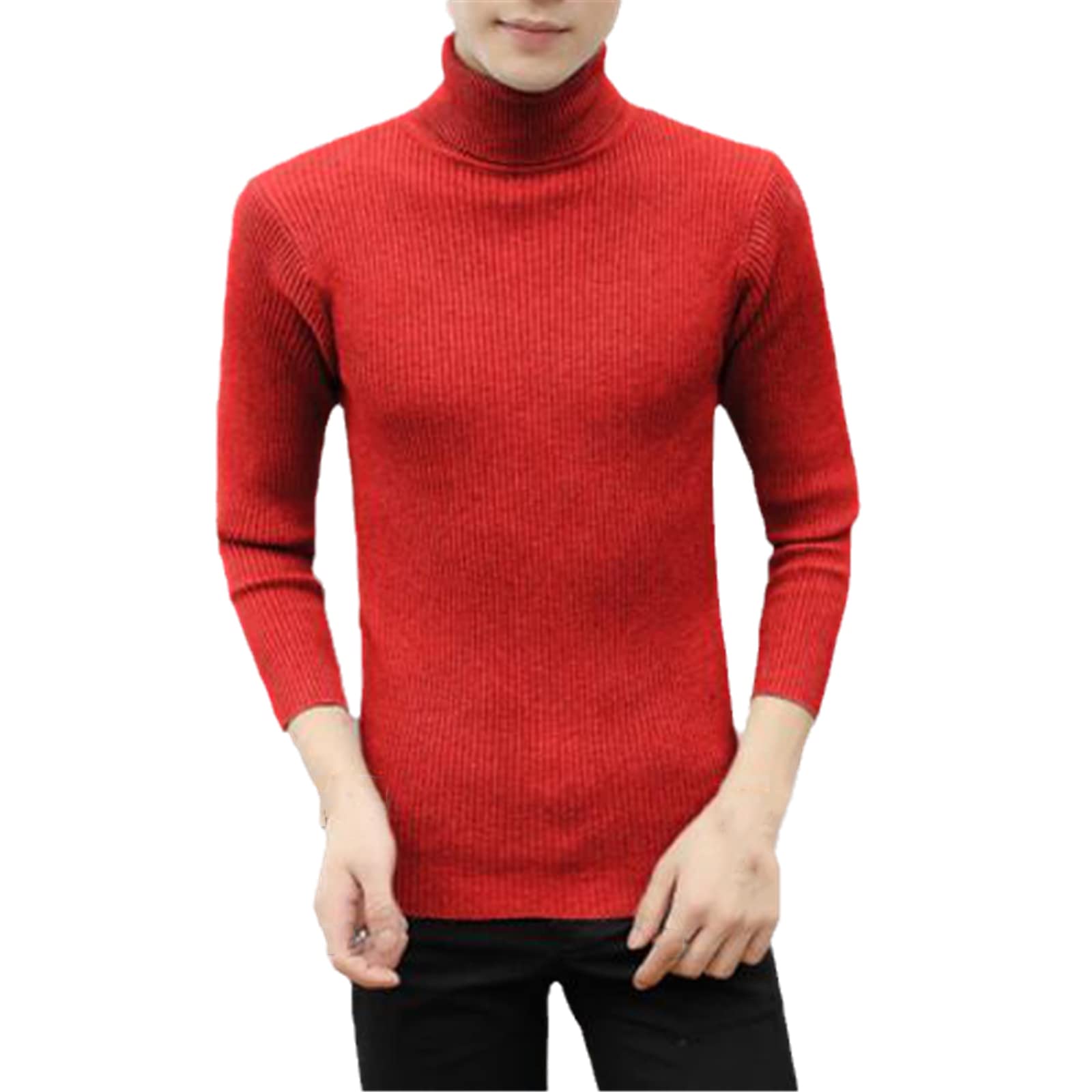 Vogrtcc Męski wąski jednolity kolor golf sweter zimowy długi rękaw ciepły dzianinowy sweter dół koszula, Czerwony, 3XL