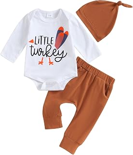 My First Thanksgiving Baby Girl Outfit Newborn Girl Romper Turkey Bell Bottoms Flare Pants Headband 3Pcs Fall Clothes (White Brown, 12-18 Months), White Brown, 12-18 Months