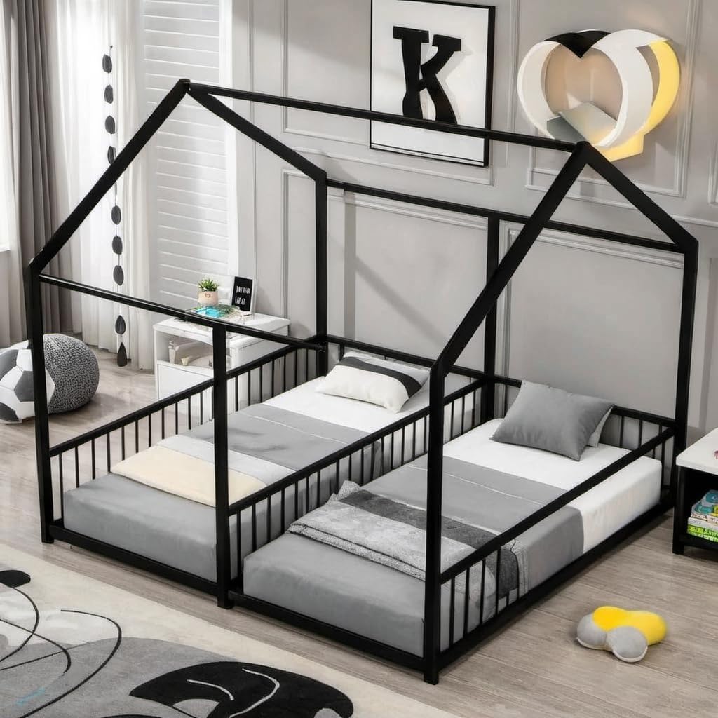 DNYN Twin Size Double Montessori Floor Bed with Roof and Fence Deisgn for Kids Bedroom,Sturdy Steel House Shaped Floor Bedframe,No Box Spring Needed & Space Saving,Perfect for Boys and Girls, Black Black Platform Beds w/Double Twin&Black