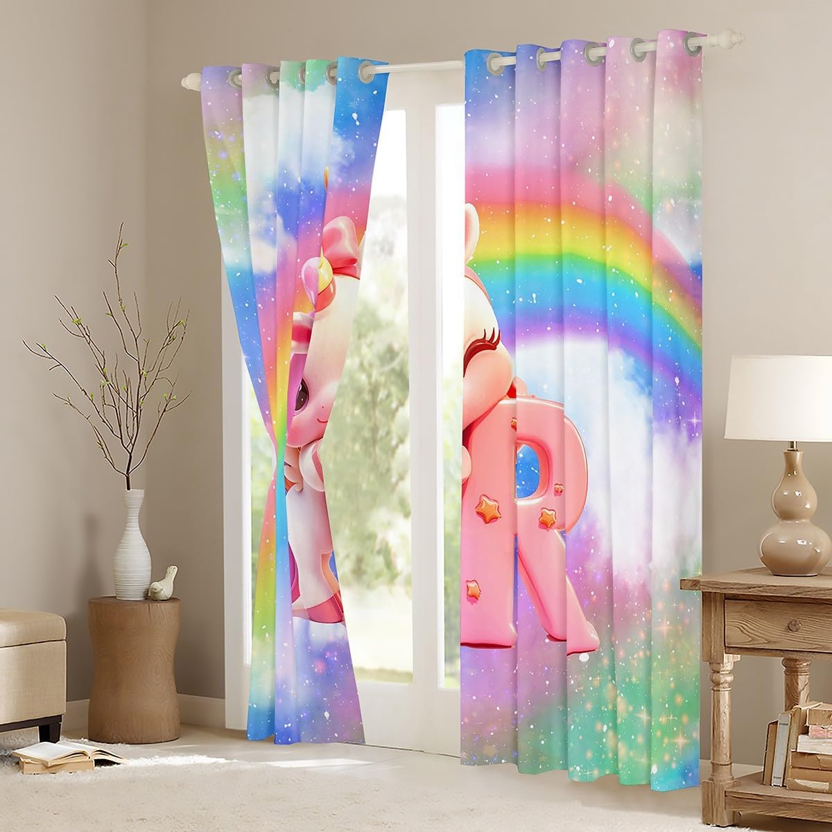 Manfei Cute Unicorn Kids Window Curtains,Glitter Stars Rainbow Clouds Dreamy Window Drapes for Girls Women,Initial Letter R 3D Alphabet Chic Window Treatments Grommet Top 2 Panel Set,38Wx45L inch