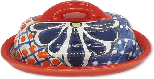 Cuenco para Mantequilla de Cerámica Talavera con Tapa Pintada a Mano, Auténtica Cerámica Mexicana de Cocina, Diseño Floral (Rojo)