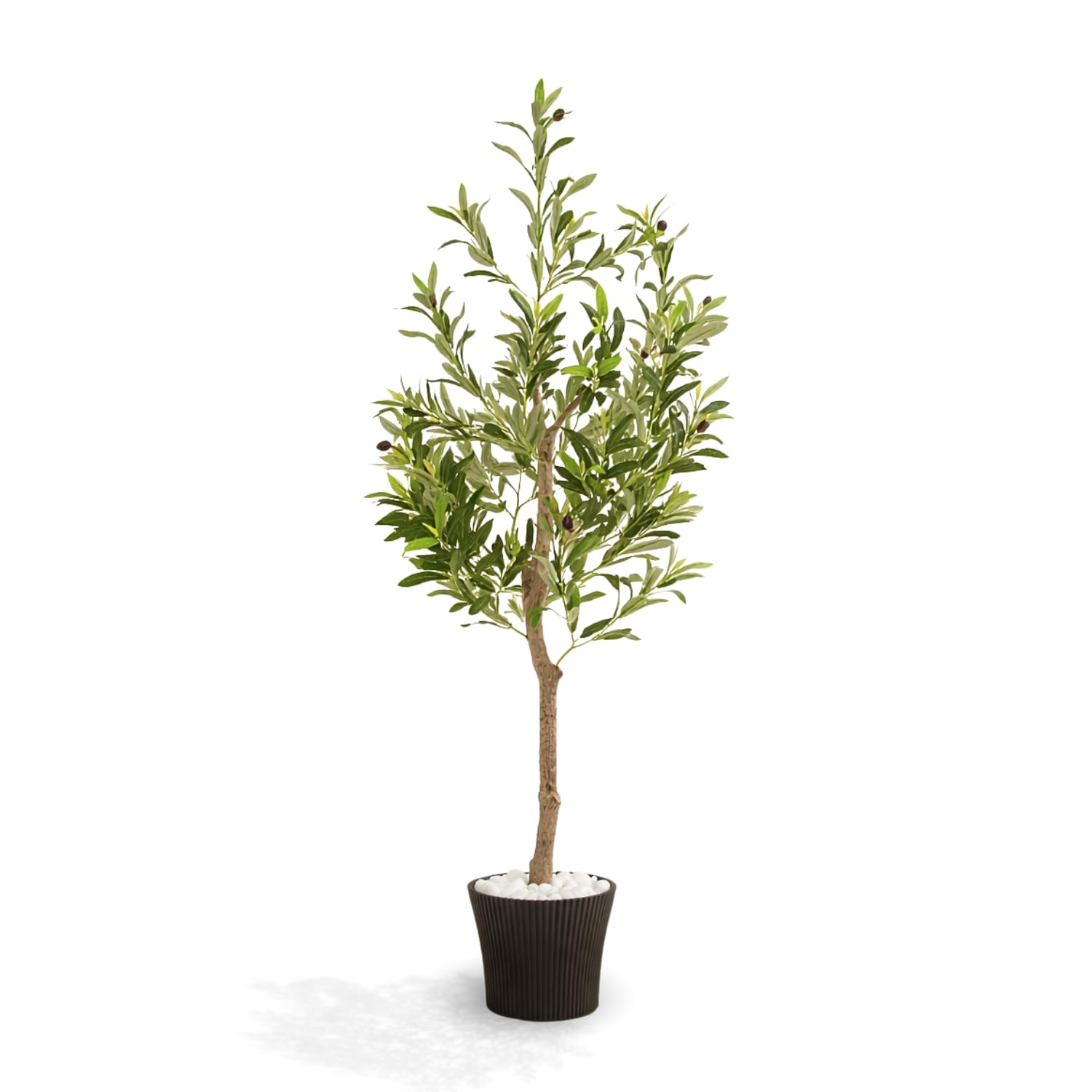 Novecrafto Green 4Ft/120Cm Artificial Olive Tree With Decorative Pot & Mediterranean Stones – Realistic Indoor Faux Olive Tree With Natural Trunk, Lifelike Leaves & Fruits – Living Room, Bedroom, Office