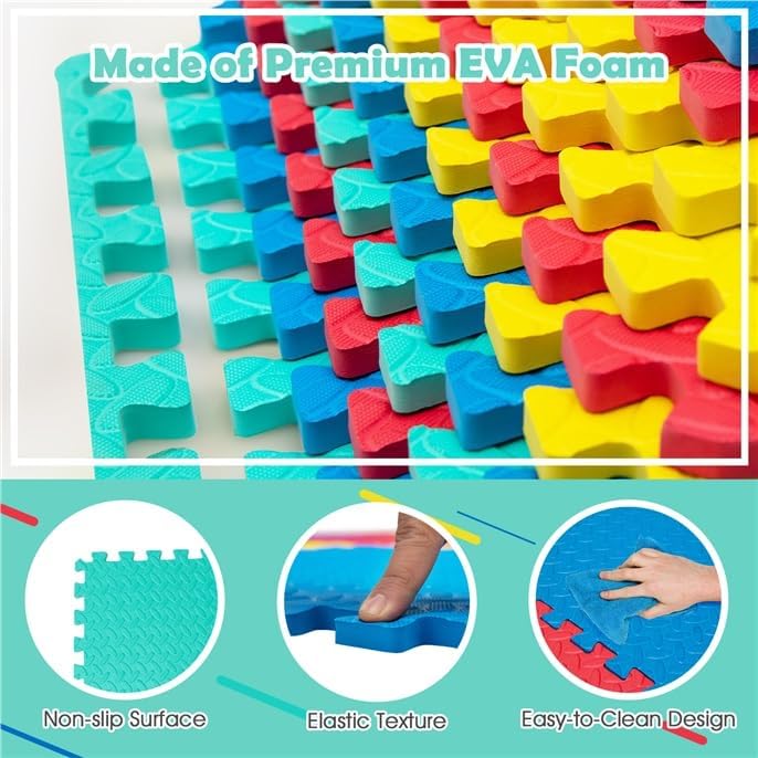 ReunionG 12 Tiles Flooring Mats, Interlocking EVA Foam Exercise Mats, Protective Exercise Floor Mats with Border, Non-Slip 1/2” Elastic Puzzle Mats for Home Gym, Exercise Room, Pilate, Yoga, Colorful