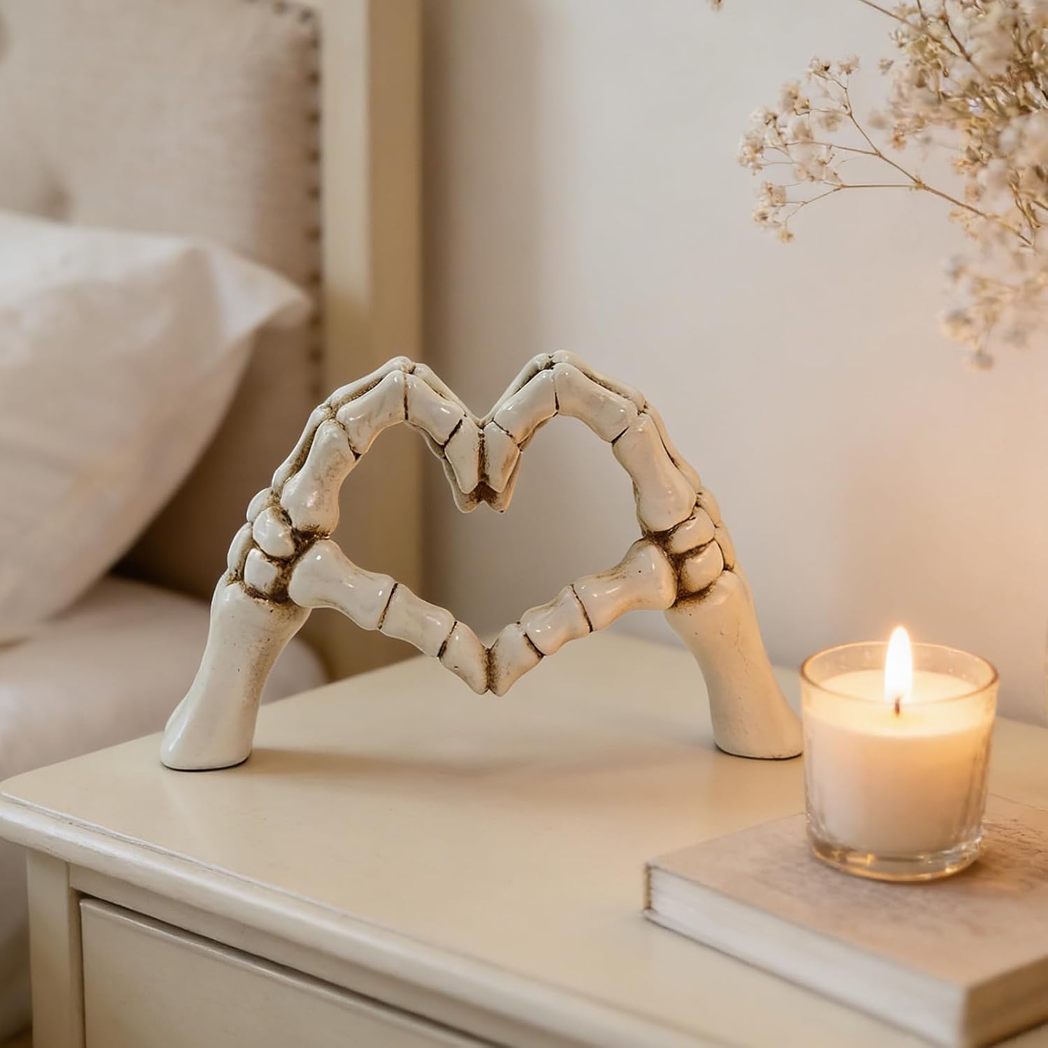 Skeleton Heart Hands Sculpture - 9.45" Gothic Home Decor, White Aesthetic Skeleton Hands Statue for Halloween, Dark Romance Heart Gesture Figurine for Shelf, Desk, Mantle, Macabre Wedding Decor