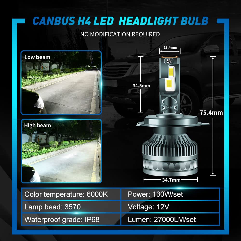 Lampadina LED H4 6000K Bianco, Alta Potenza Estremamente Luminosa 3570SMD 130W 27000LM H4 CANBUS LED Kit Conversione Lampadina Faro per Fascio Alto/Anabbagliante 12V (2 Pezzi)