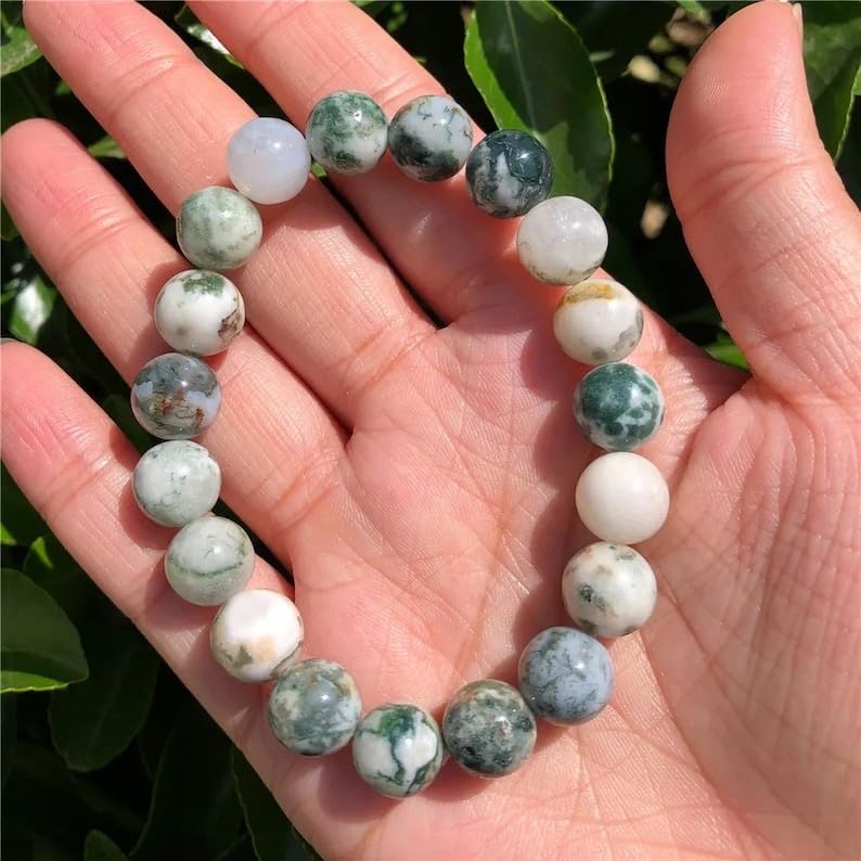LKBEADS Naturalne naturalne zielone drzewo agate 12 mm rondelle smooth 7 cali półprecyzyjne koraliki bransoletka z koralikami dla mężczyzn i kobiet, uzdrawiająca, kryształowa, rozciągliwa, bransoletka