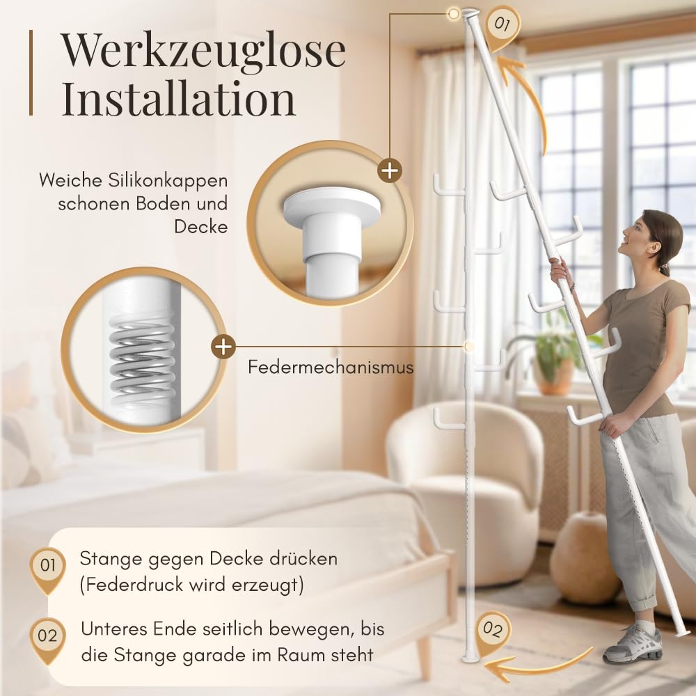 LOBUX® - Garderobenständer ausziehbar, 5 Haken [weiß, 110-310cm] – Teleskop Kleiderständer stabil – Garderobe platzsparend aus Metall – Herrendiener Schlafzimmer – Flurgarderobe – Wäscheständer Balkon
