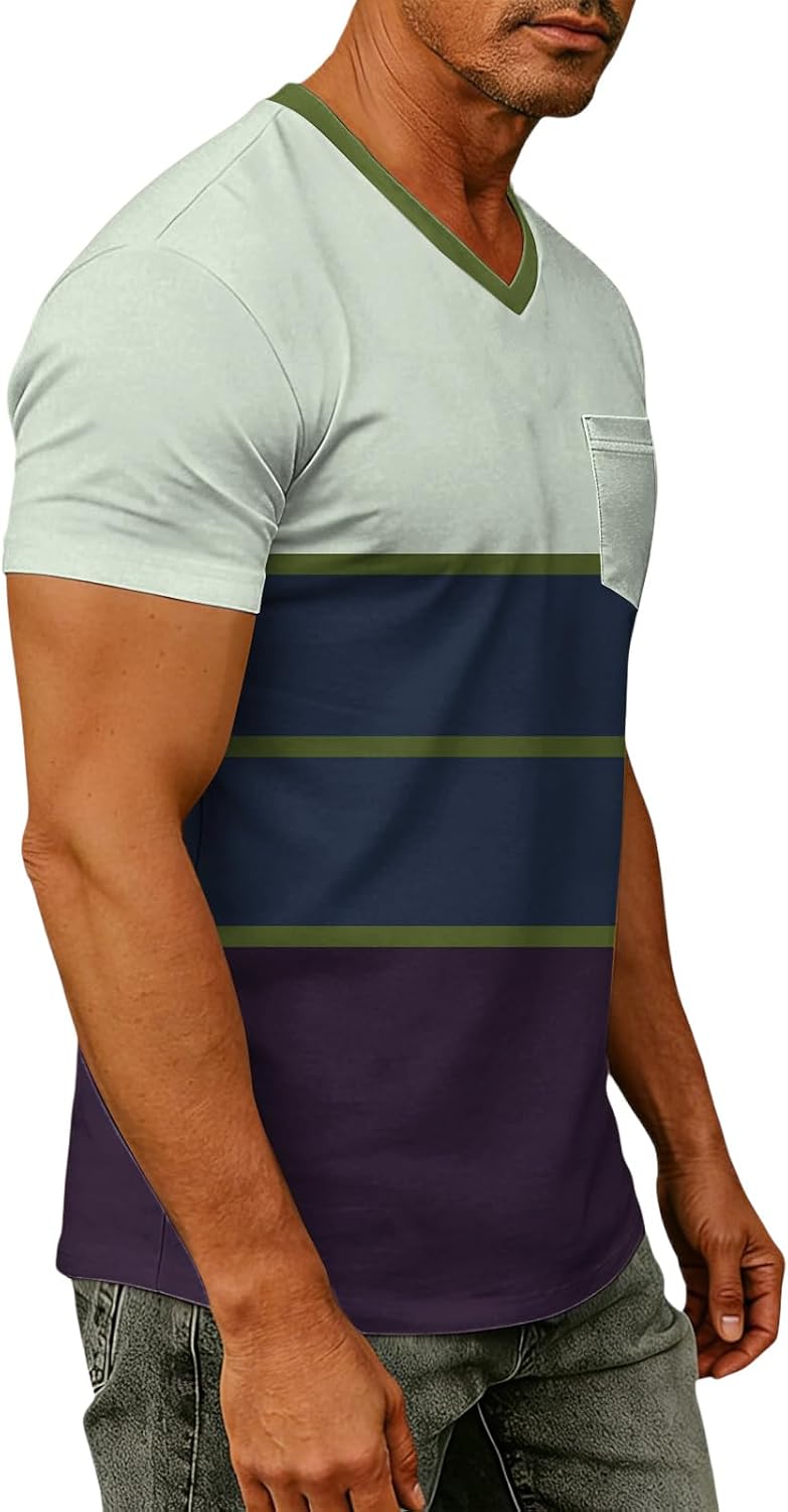 RTRDE Men's Casual T Shirts Short Sleeve V Neck Striped Print Summer Casual Daily Tshirts, S-4XL