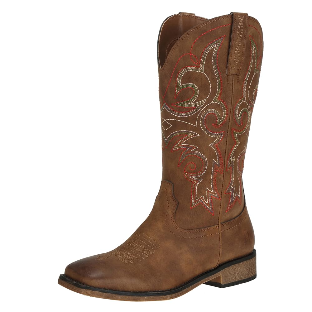 J's.o.l.e Womens Square Toe Cowgirl Cowboy Boots Mid Calf with Chunky Heel Retro Embroidery Western Boots