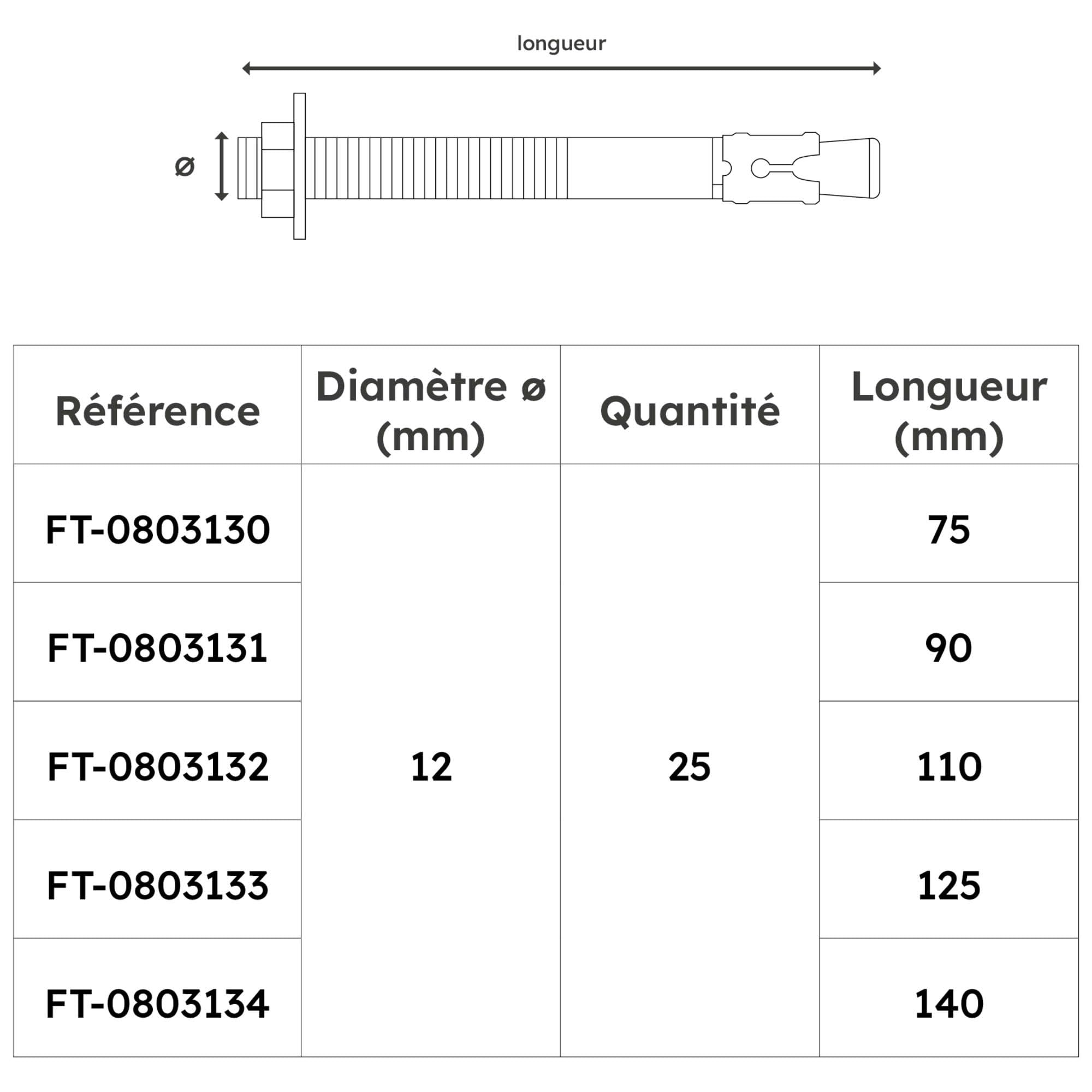 Lot de 25 goujons d'ancrage en acier inox A2 M12 - Diamètre 12 mm - Longueur 140 mm - Diamètre 12 mm