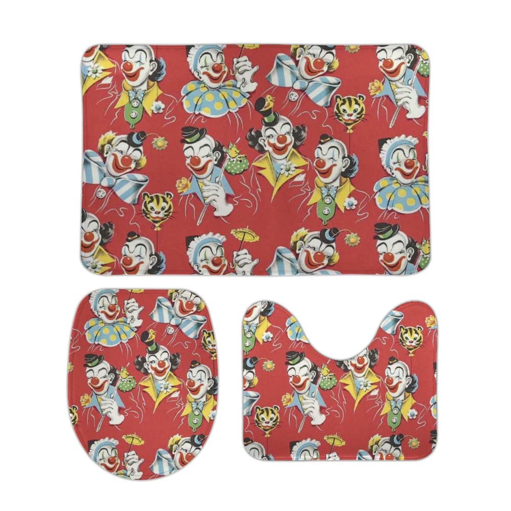 Red Kawaii Cute Cartoon Clown Pattern Bathroom Rug Sets 3 Piece Non Slip Absorbent Soft Bath Mats for Tub Shower Rug for Toilet, Bedroom, Sink, Office, Kitchen, Laundry.