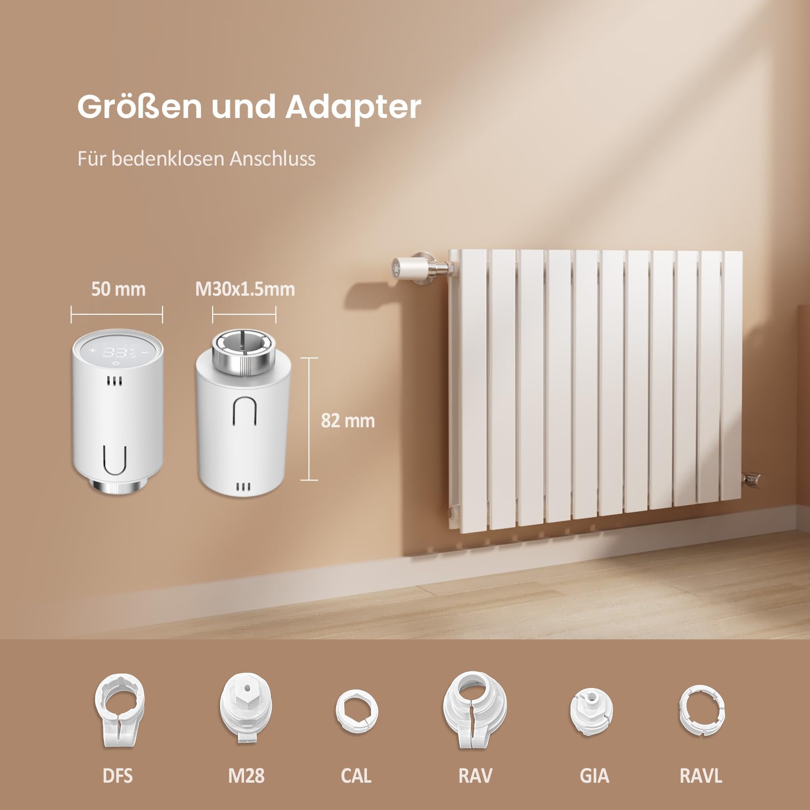 EMKE Smart Heizkörperthermostat Kit, Intelligenter Heizung Thermostat inklusive Tuya Zigbee 3.0 Gateway mit App-Funktion, kompatibel mit Alexa & Google Home, M30*1,5mm, 6 Adapter