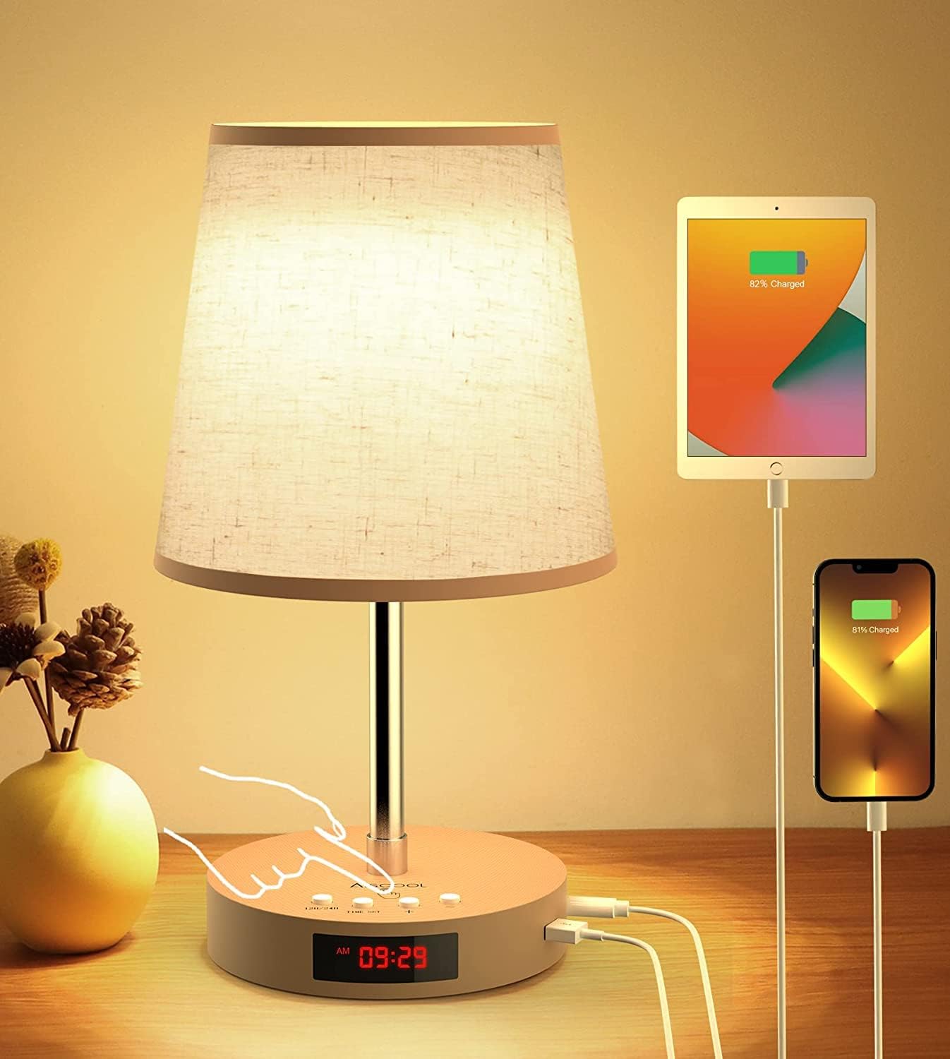 Aiscool Bedside Lamps, Touch Table Lamp with Clock and Adjustable Stand, Stepless Dimmable LED