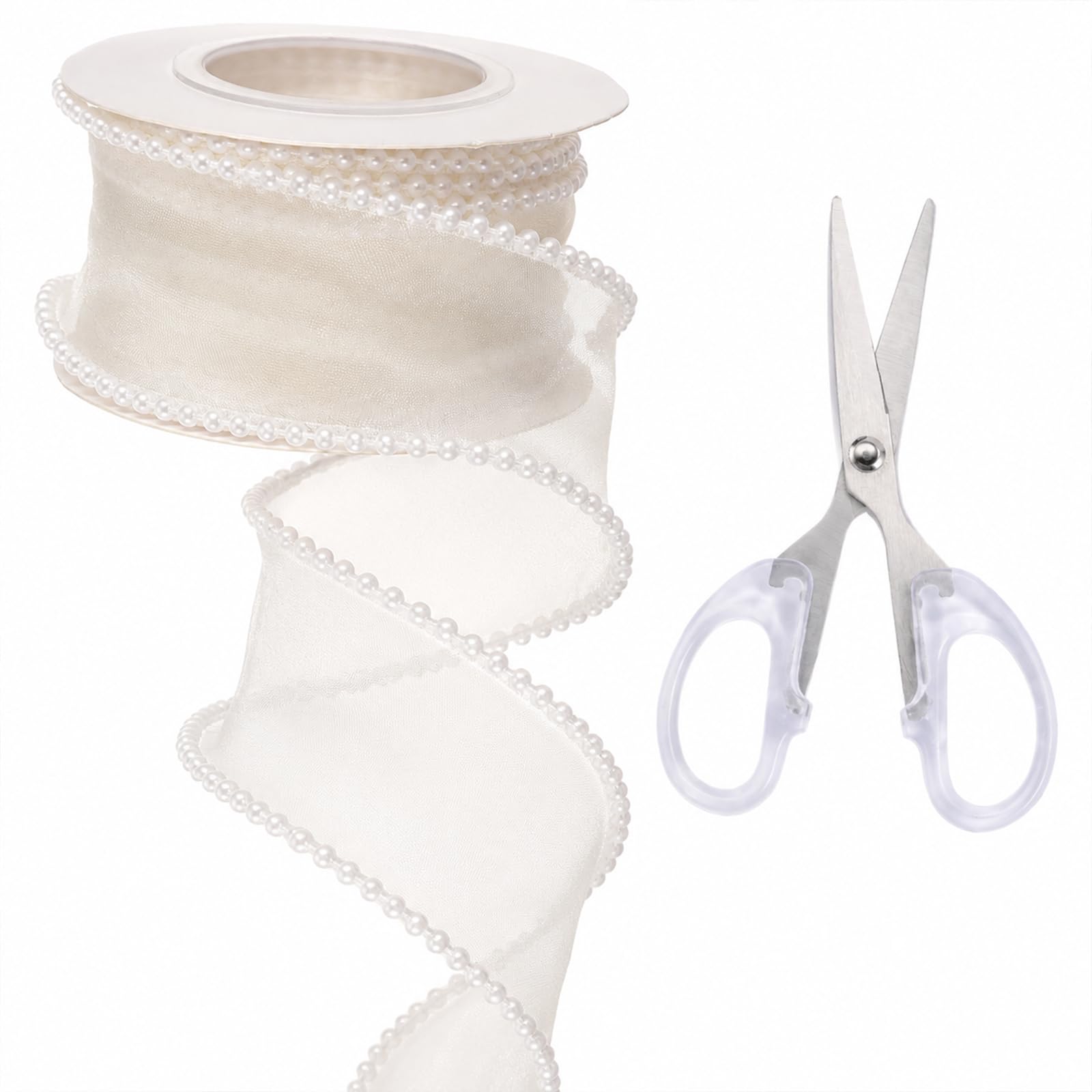 Pearl Edge Organza Chiffon Ribbon, 4cm×4.5m Sheer Organza Ribbons Rolls with Faux Pearl Edge & Scissors, for Bow Tie Making Wreaths Bouquet Gift Wrapping Wedding Bridal Shower Decor (Off White)