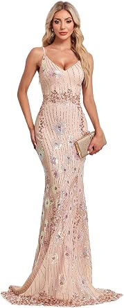 Womens Sequined Spaghetti Straps Mermaid Prom Dress with V-Neck and Back Zipper
