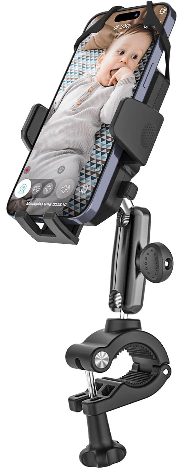 Metal Phone Holder for Stroller, Shopping Cart, Golf Push Cart, Wheelchair, Boat Helm, Mic Stand - Phone Handlebar Clamp Compatible with iPhone 16 Pro Max/15/14/13/12, Galaxy, 4.7-7