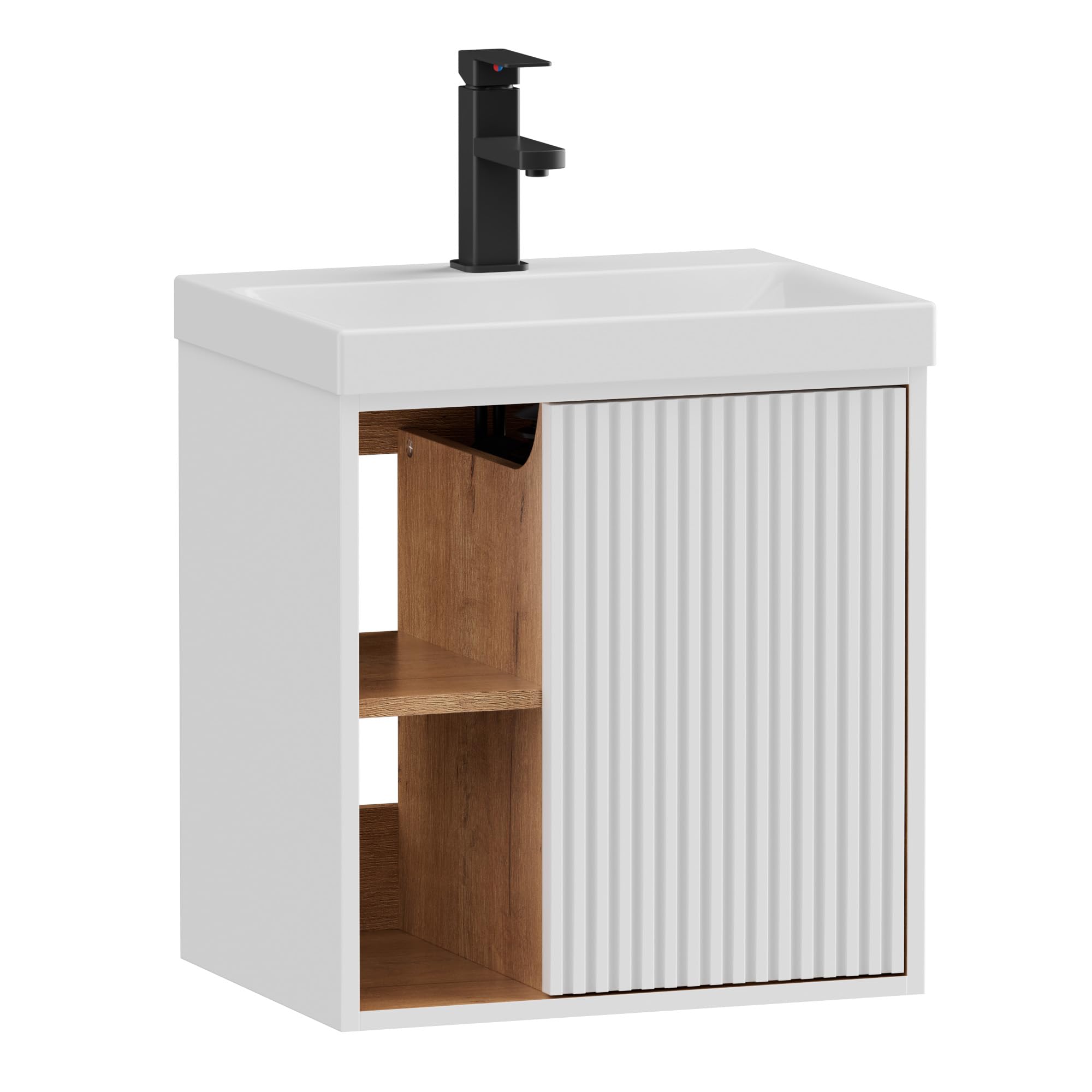 UEV 500mm Wall Hung Bathroom Vanity Unit with Resin Basin,Space-saving Fluted Door Sink Cabinet with Open Shelf Storage,Modern Bathroom Furniture for Cloakroom,White