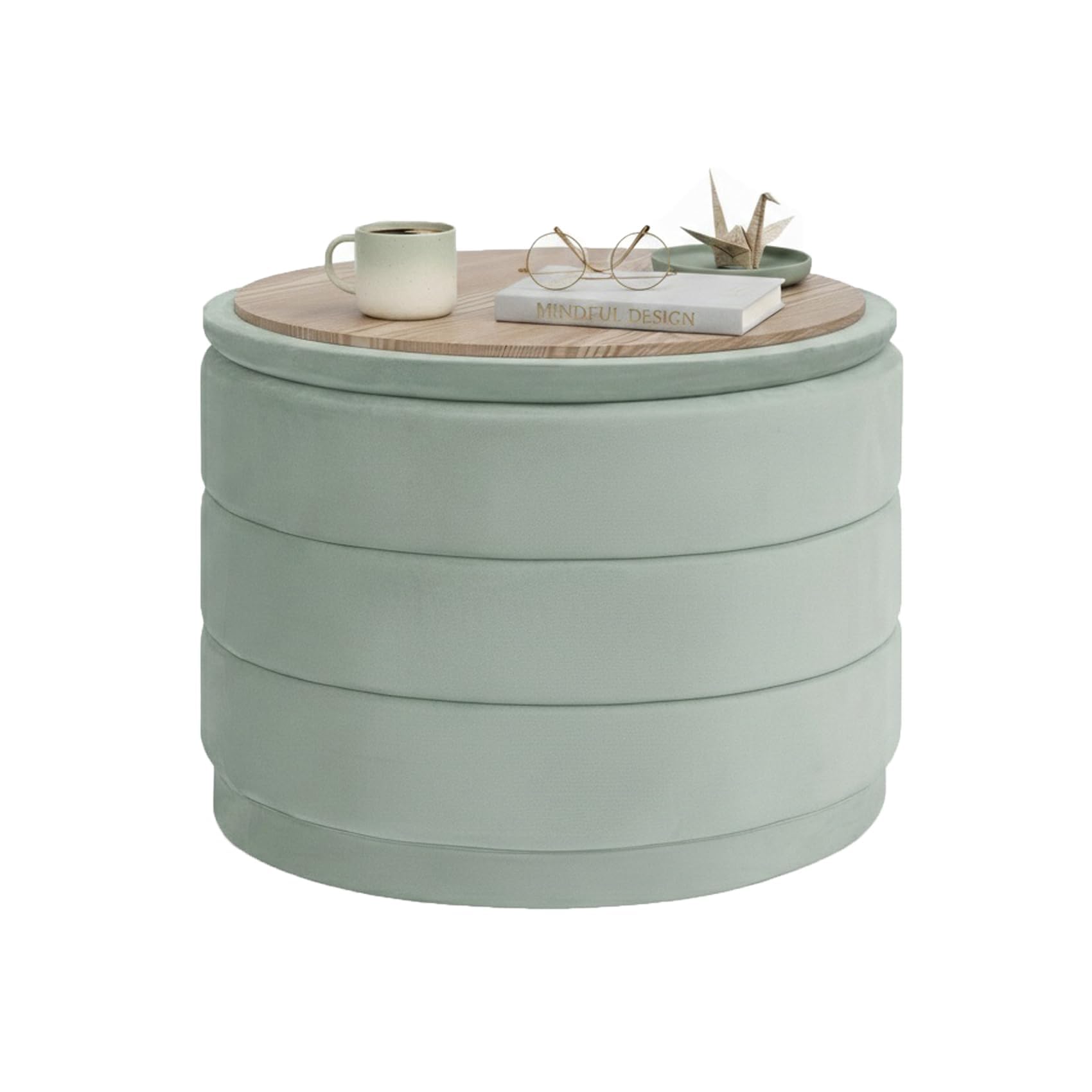 Bonlife Large Storage Ottoman Round - Folding Foot Rest with Hidden Storage, Sage Velvet 58x58x44cm for Living Room, Bedroom & Hallway