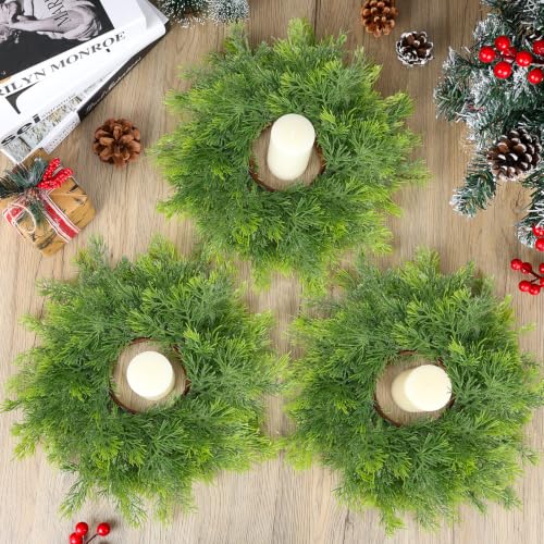 Image of 4 PCS Christmas Candle Rings Wreath Artificial Green Norfolk Cedar Mini Candle Ring Holder Small Wreaths for Xmas Cabinets Kitchen Windows Home Wedding Table Centerpiece Door Window Chair Wall