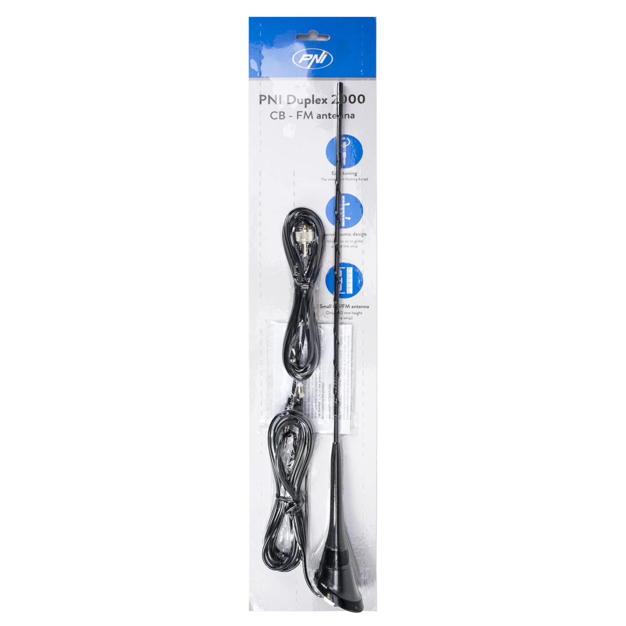 PNI Duplex 2000 Antenna CB-FM, 26-28 MHz (CB), 87-108 MHz (FM), 5-mtr Fiberglass Cables, 490 mm