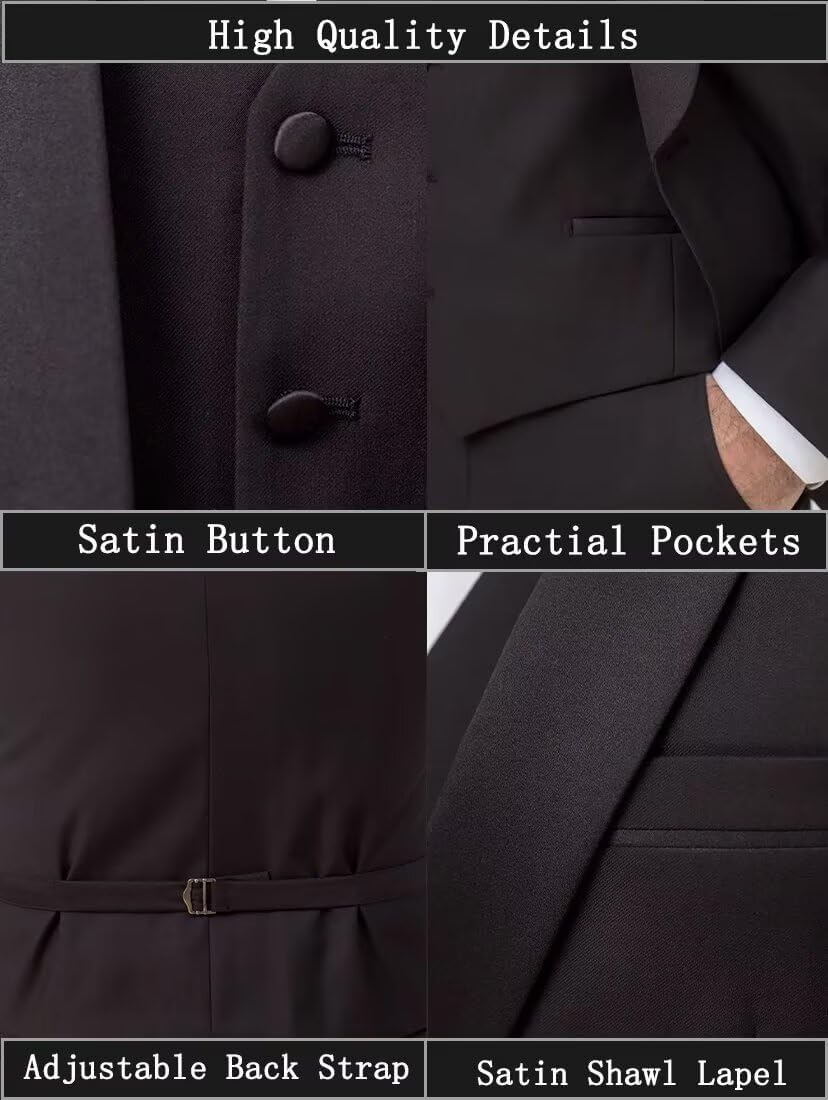 Tuxedo for Men 3 Piece Satin Shawl Lapel Classic Fit Men's Tuxedos Blazer Vest &Pants Suit Set Flap Pocket