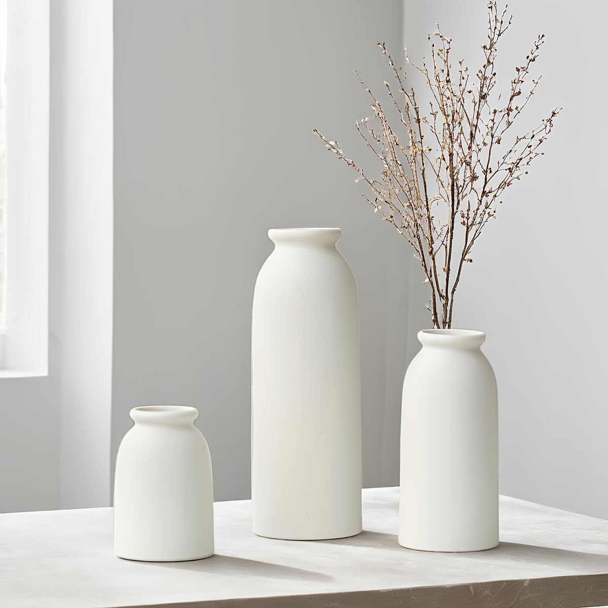 Set di 3 vasi di fiori in ceramica, per decorazioni, bianco, giallo, bianco (White Middle Size)