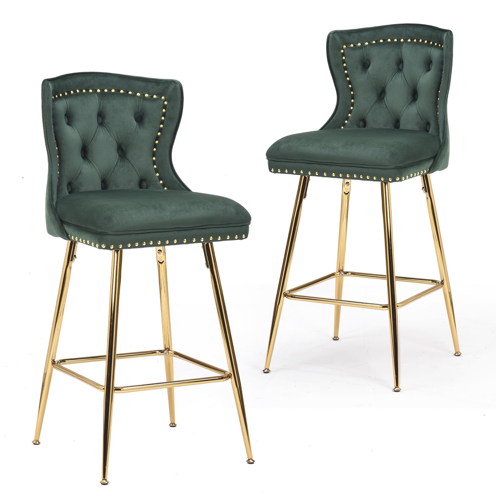Farini Bar Stools Set of 2, Velvet Counter Height Bar Stools with Metal Legs, Button Tufted and Nailheads Trim, Wing-Back Bar Chairs for Kitchen