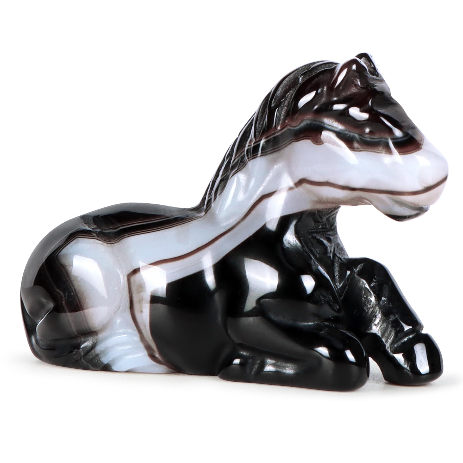 Crystal Horse Statue Home Decor 2" Hand Carved Healing Horse Sculpture Paperweight Table Centerpiece Ornament Stone, Black Banded Agate
