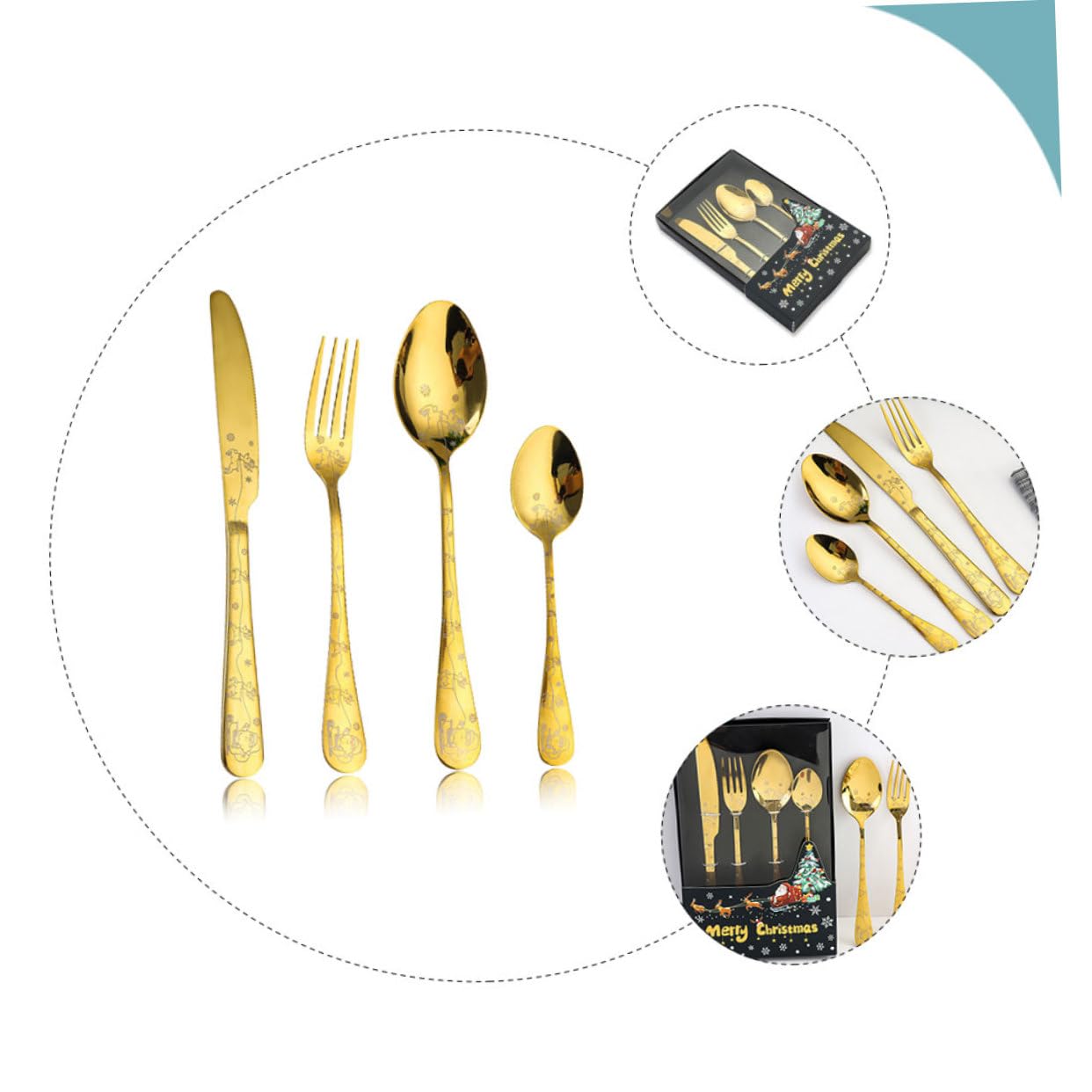 Alipis 5 Juegos De Cubiertos De Navidad Tenedores De Postre De Navidad Decoraciones De Mesa De Navidad Vajilla De Acero Inoxidable Cuchara Dorada Cubiertos De Filete para Banquete