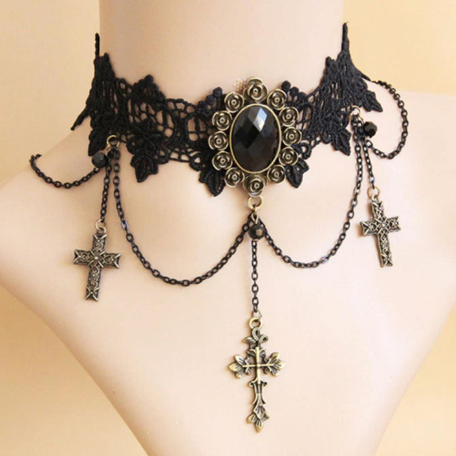 DIVINA VITAE Collier Ras Du Cou Pour Femme - Noir - Gothique - En Cuir Synthétique - Réglable - Rétro - Pour Festival, Fête, Halloween, Noël